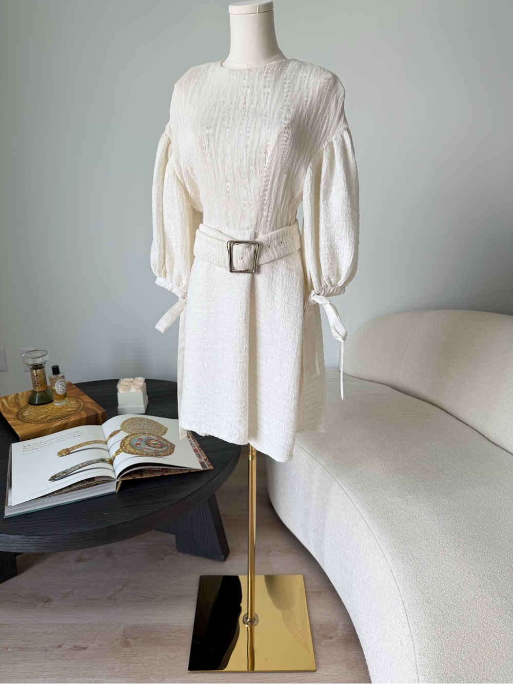 Rejina Pyo Vivian White Puff Sleeve Belted Mini Dress UK 12 US 4 EU 40 $895